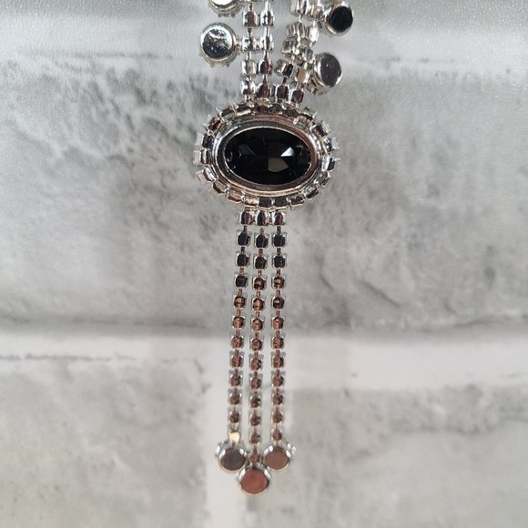 Vintage Y Drop Necklace Black Clear Faceted Rhinestone Crystal Fold Over Clasp - Picture 7 of 10